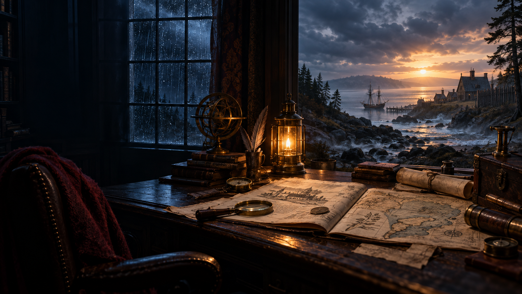 A rainlit historical study opening onto a colonial shoreline at dawn